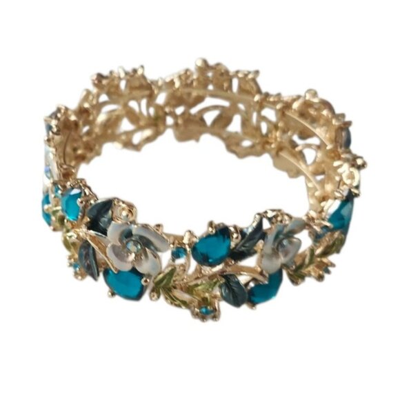 Turquoise Hearts and Flowers Hinged Cuff Bracelet - Picture 1 of 7